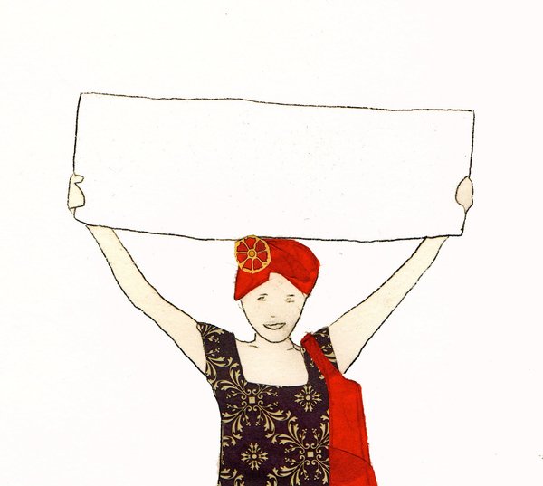 Ilustración Mujer con cartel; Cómic de Sandra Illana, 2012